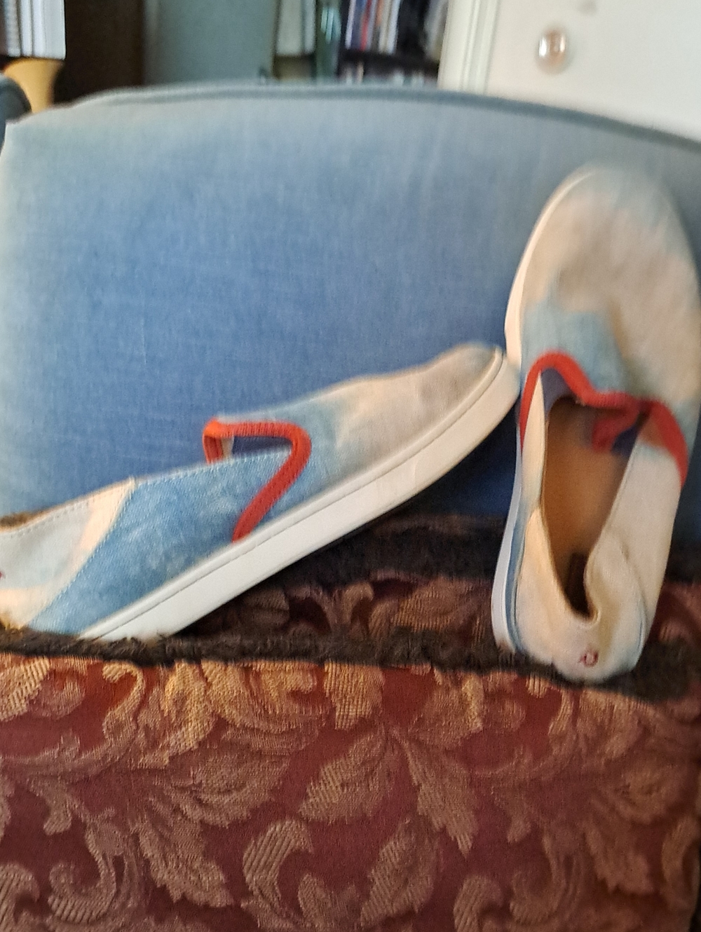 OluKai Light Blue Slip-On Sneakers with Red Trim
